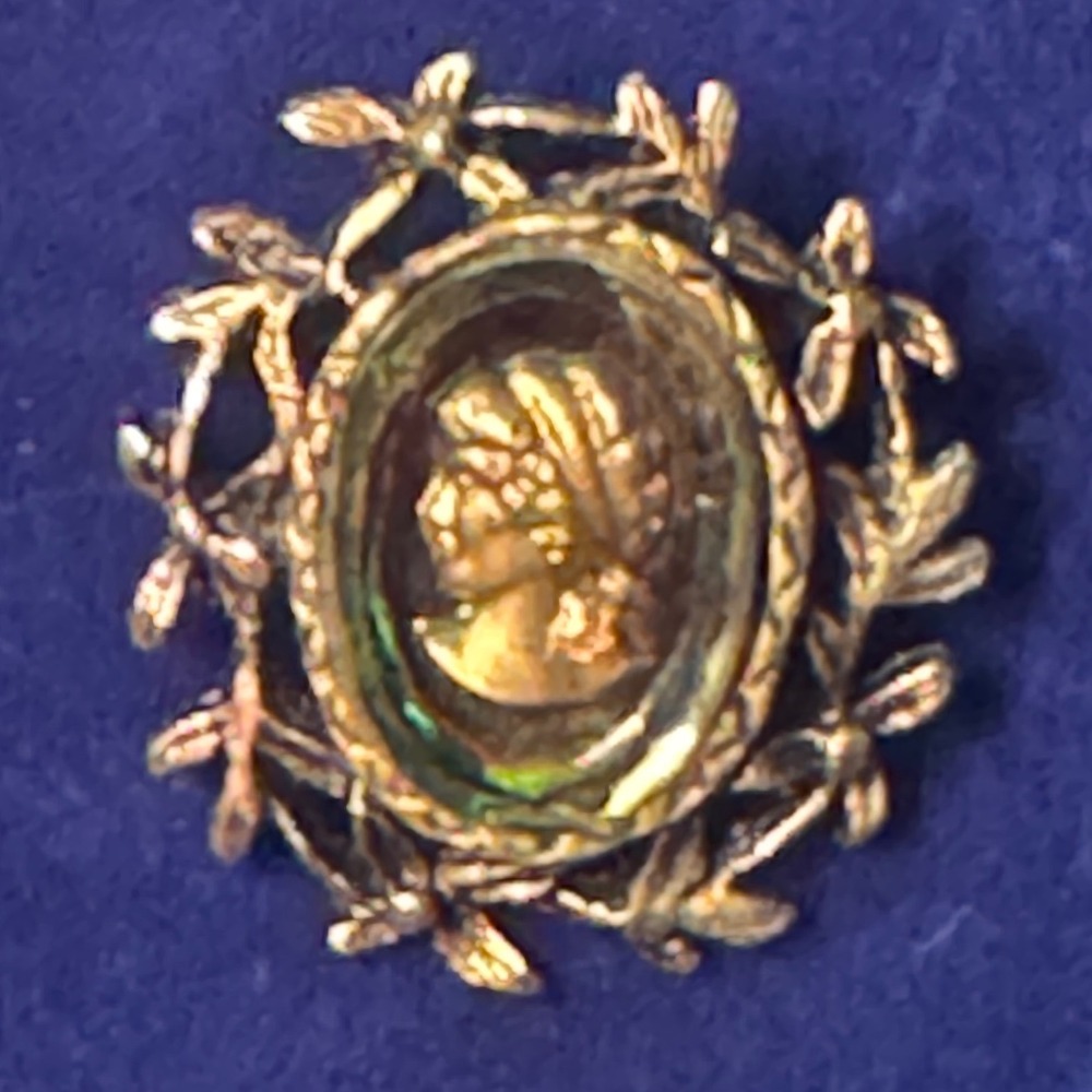 Vintage Gold Tone Iridescent Cameo Brooch Floral Wreath Border 1.25 Inch